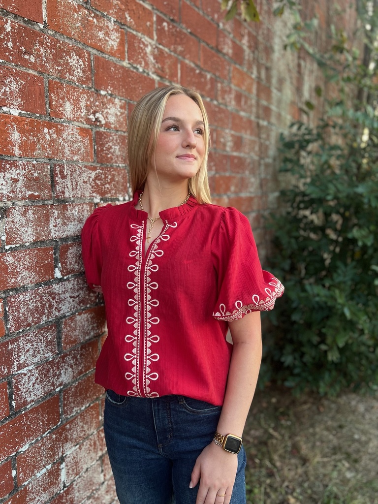EMBROIDERED DETAIL TOP RED