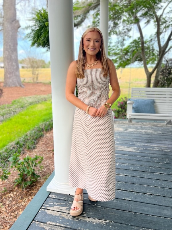 STRAPLESS TAN MIDI DRESS