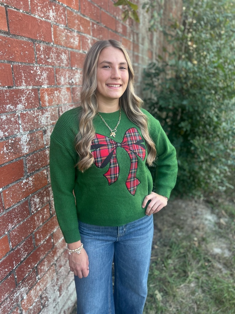 GREEN PLAID BOW SWEATER