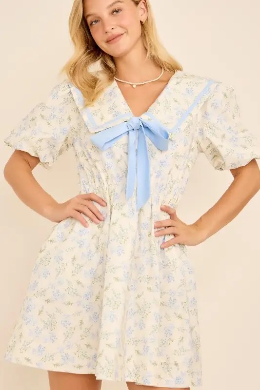 CREAM/BLUE POPLIN MINI DRESS