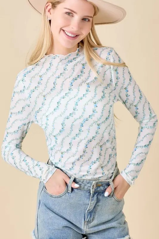 BLUE MULTI FLORAL MESH TOP