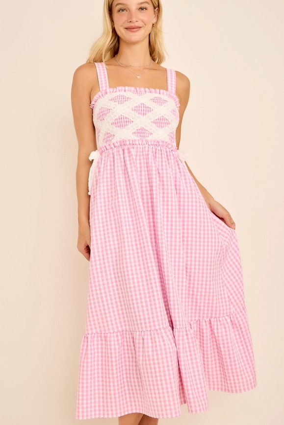 PINK AND WHITE GINGHAM MIDI DRESS