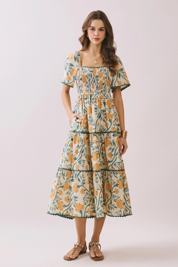 FLORAL SCALLOP TRIM DRESS