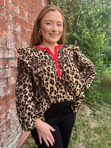 LEOPARD RED CONTRAST RUFFLE BLOUSE