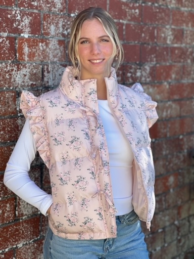 PINK FLORAL RUFFLE PUFFER VEST